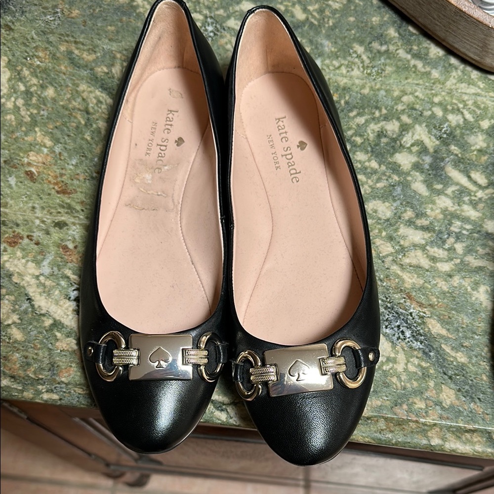 Kate Spade - only worn once Black Leather Ballet Flats with gold accents